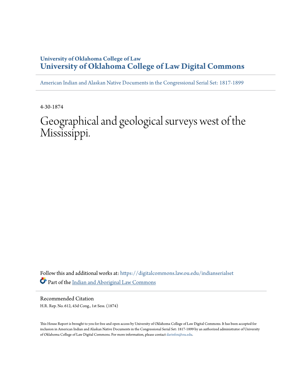 Geographical and Geological Surveys West of the Mississippi