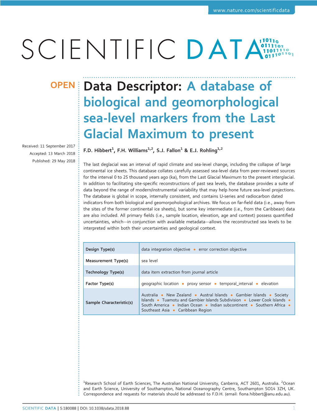 A Database of Biological and Geomorphological Sea-Level Markers from the Last Glacial Maximum to Present Received: 11 September 2017 F.D