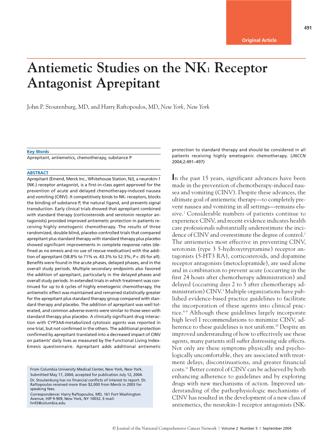 Antiemetic Studies on the NK1 Receptor Antagonist Aprepitant