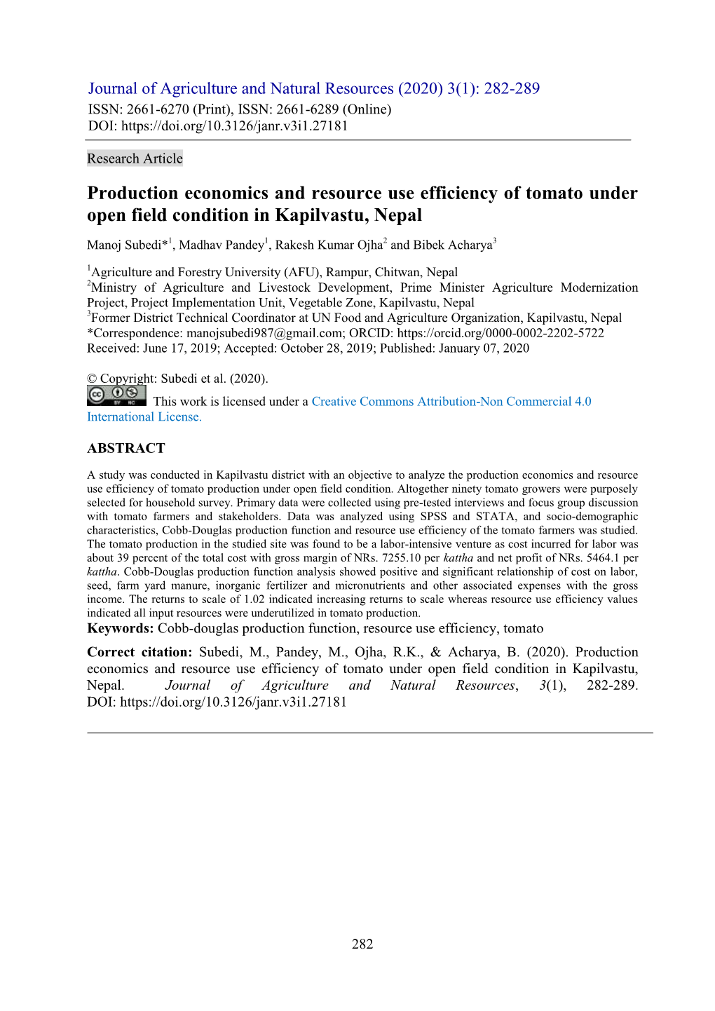 Production Economics and Resource Use Efficiency of Tomato Under Open Field Condition in Kapilvastu, Nepal