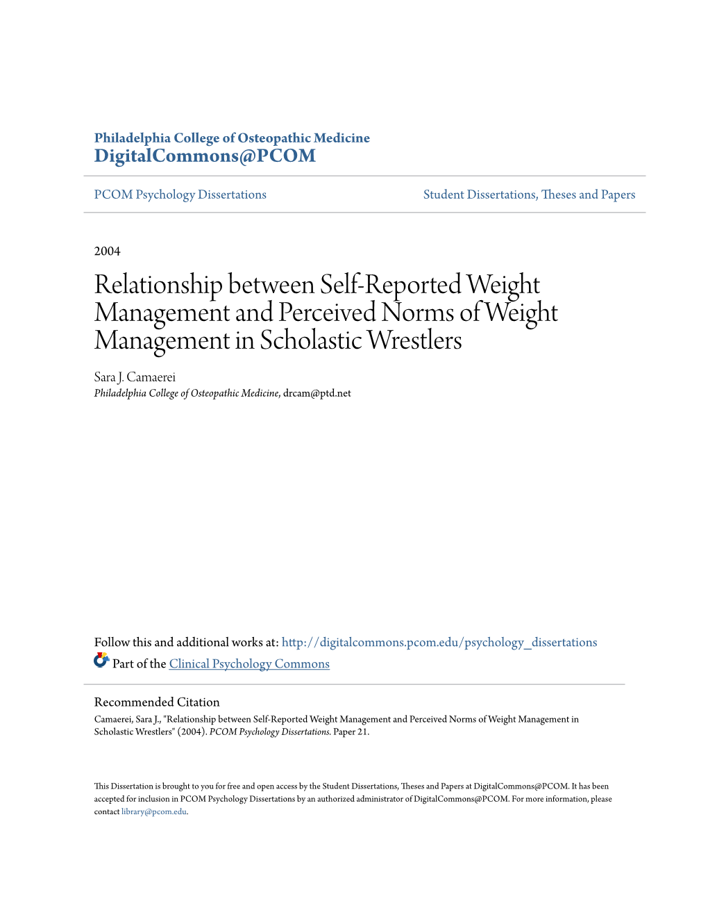 Relationship Between Self-Reported Weight Management and Perceived Norms of Weight Management in Scholastic Wrestlers Sara J