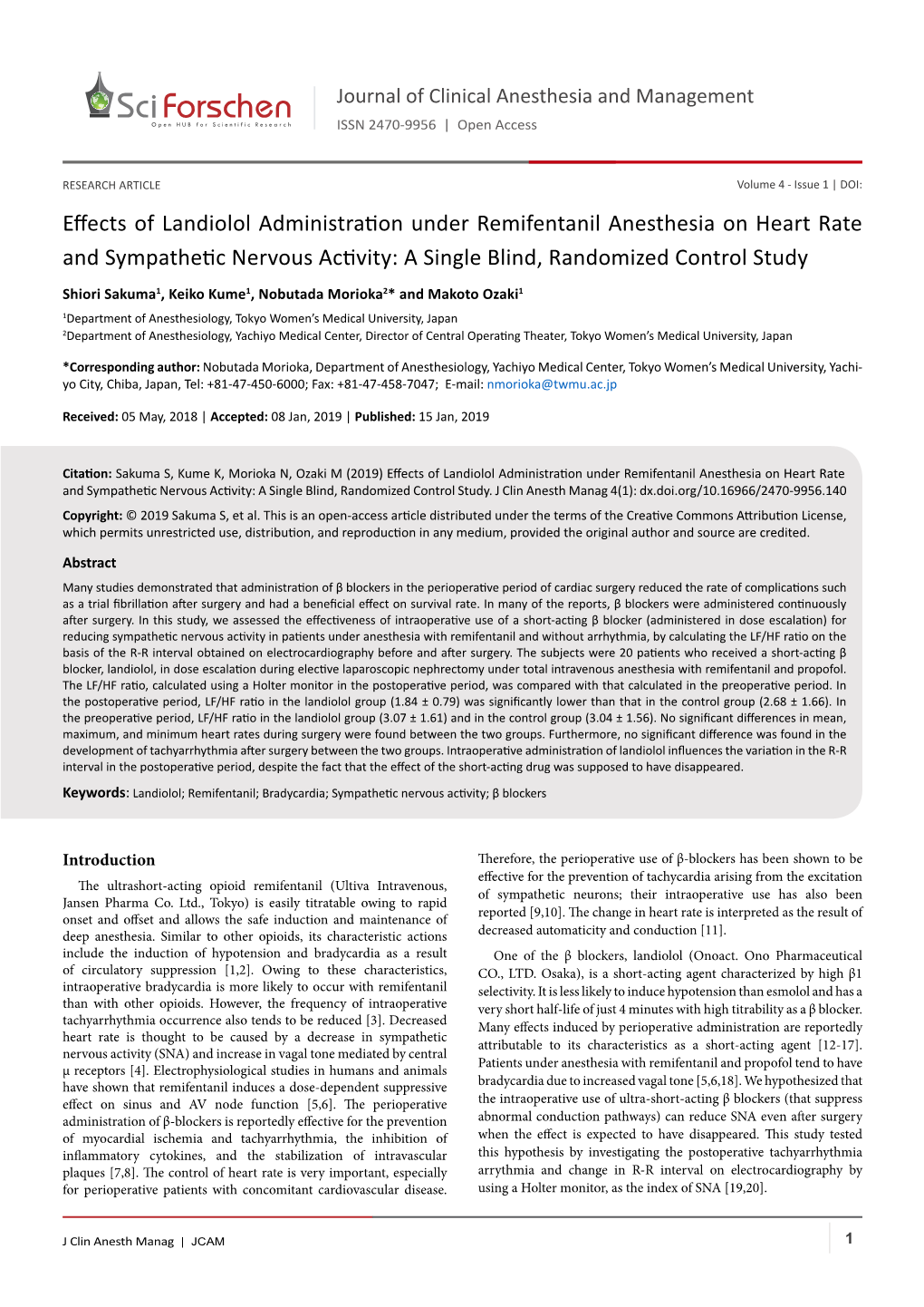 Effects of Landiolol Administration Under Remifentanil Anesthesia on Heart Rateand Sympathetic Nervous Activity