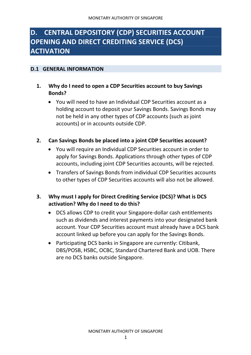 D. Central Depository (Cdp) Securities Account Opening and Direct Crediting Service (Dcs) Activation