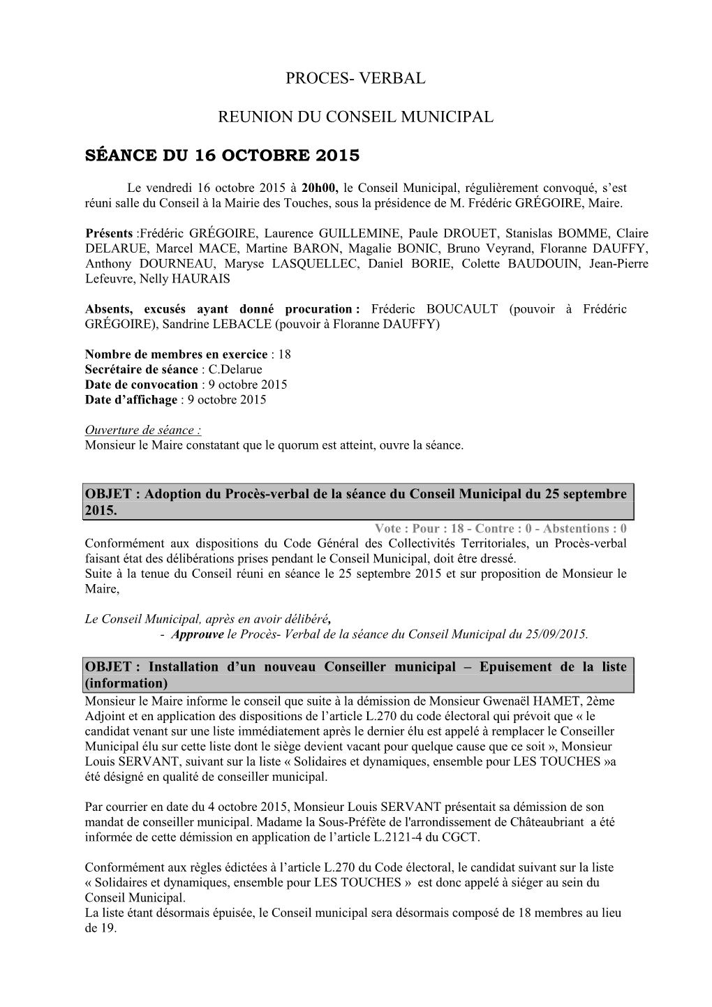 Verbal Reunion Du Conseil Municipal Séance Du 16 Octobre 2015