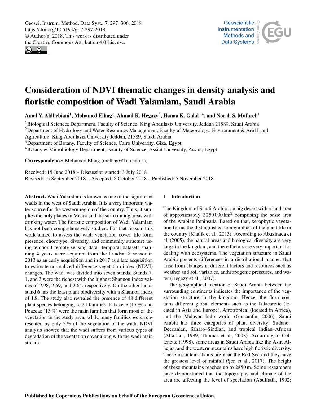 Consideration of NDVI Thematic Changes in Density Analysis and ﬂoristic Composition of Wadi Yalamlam, Saudi Arabia