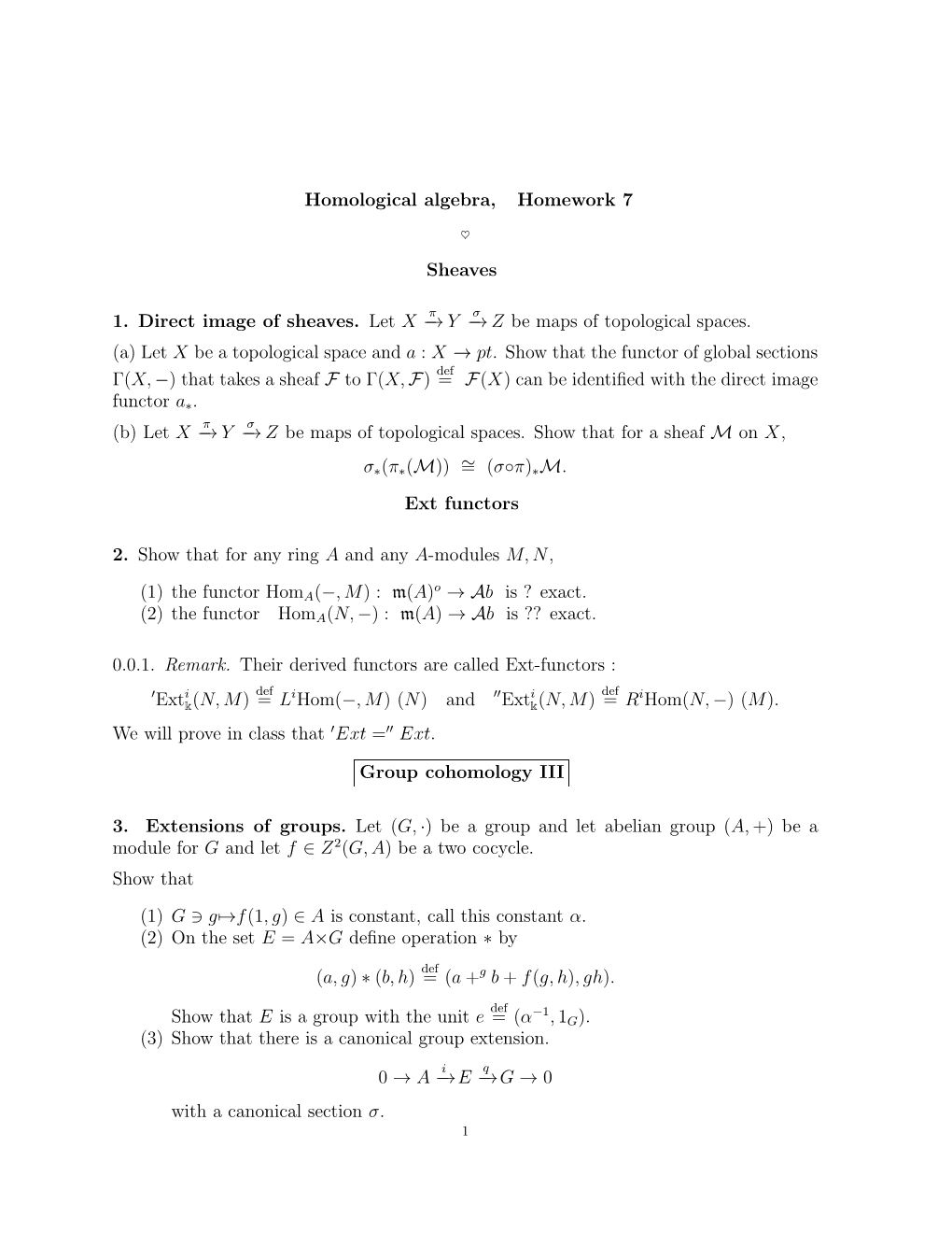 Homological Algebra, Homework 7 Sheaves 1. Direct