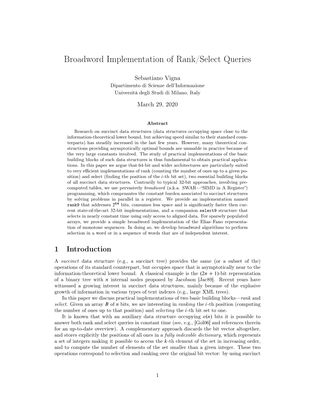 Broadword Implementation of Rank/Select Queries