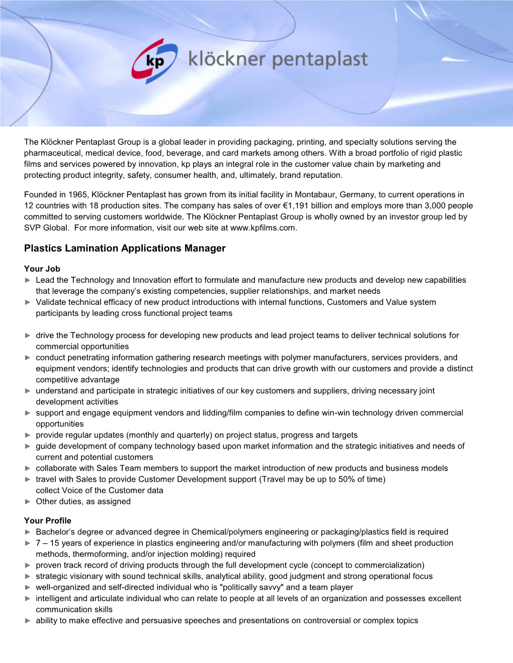 Plastics Lamination Applications Manager