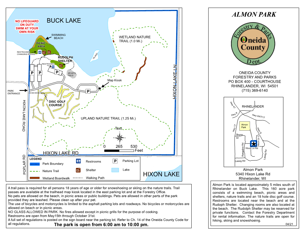 ALMON PARK NO LIFEGUARD BUCK LAKE on DUTY SWIM at YOUR OWN RISK SWIMMING BEACH WETLAND NATURE TRAIL (1.0 Mi.) PICNIC AREA