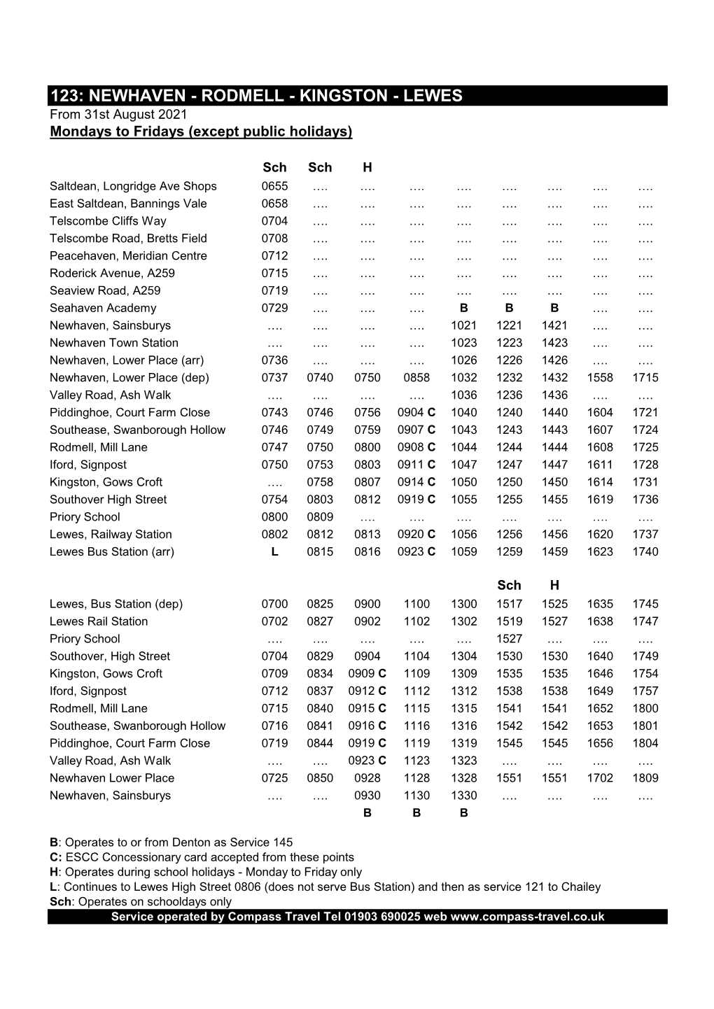 123: NEWHAVEN - RODMELL - KINGSTON - LEWES from 31St August 2021 Mondays to Fridays (Except Public Holidays)