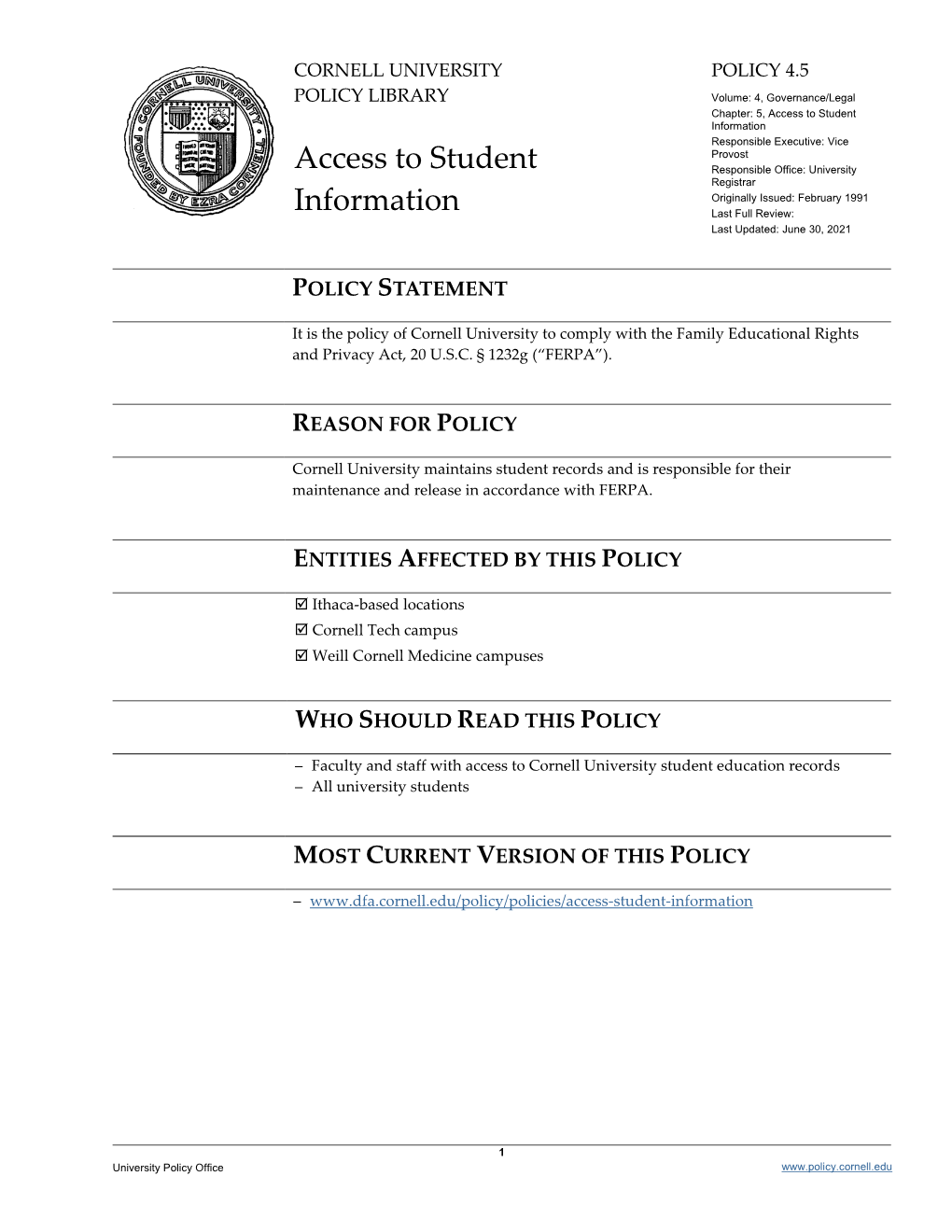 University Policy 4.5, Access to Student Information