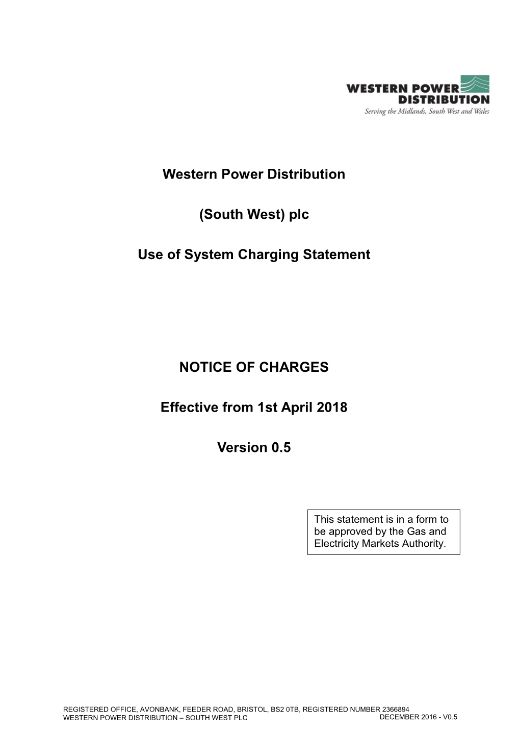 Western Power Distribution (South West) Plc Use of System Charging