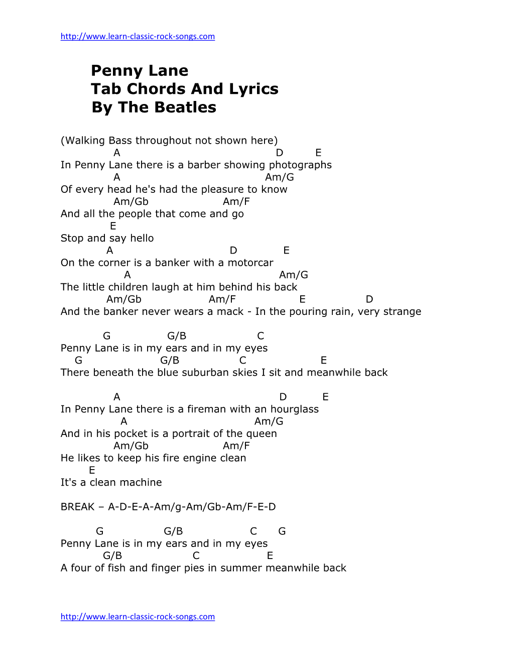 Penny Lane Tab Chords and Lyrics by the Beatles