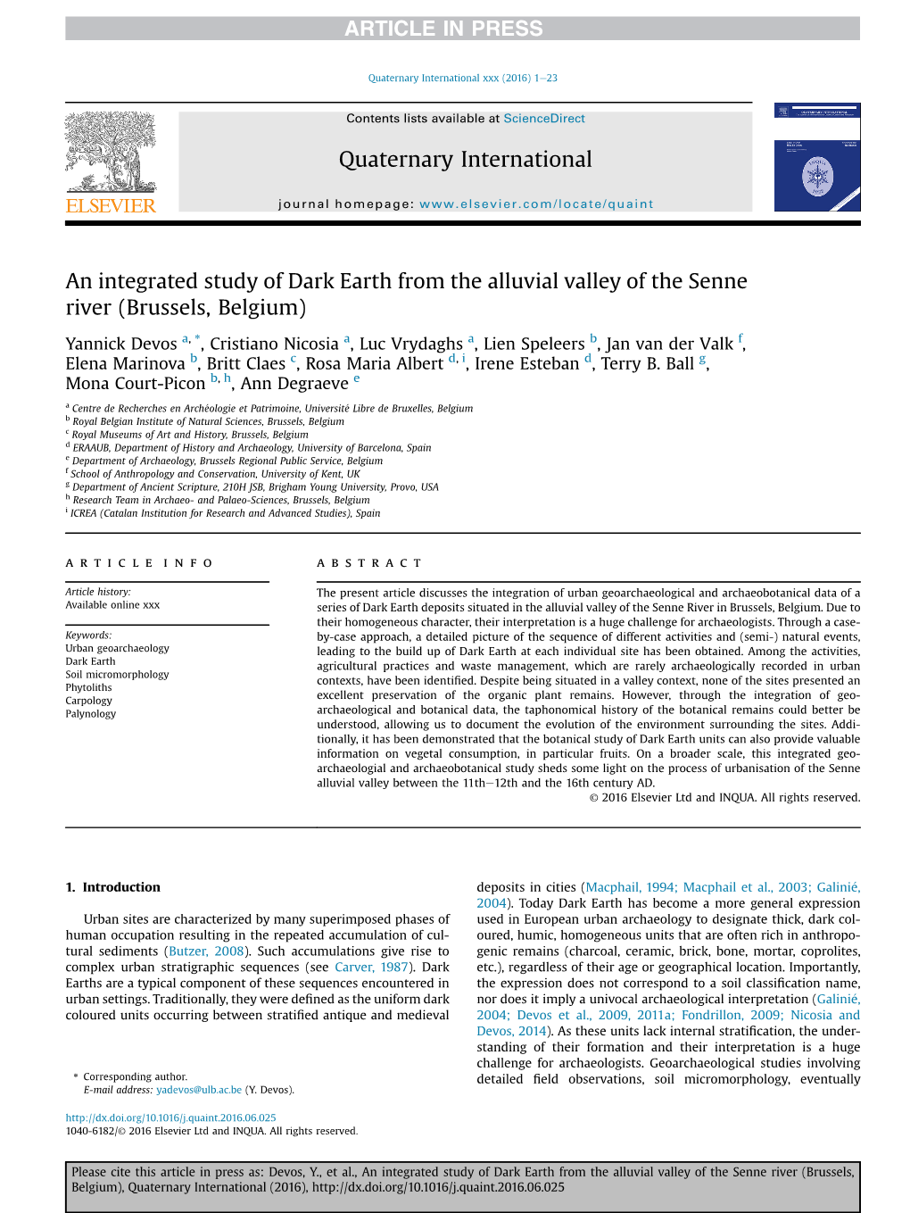 An Integrated Study of Dark Earth from the Alluvial Valley of the Senne River (Brussels, Belgium)