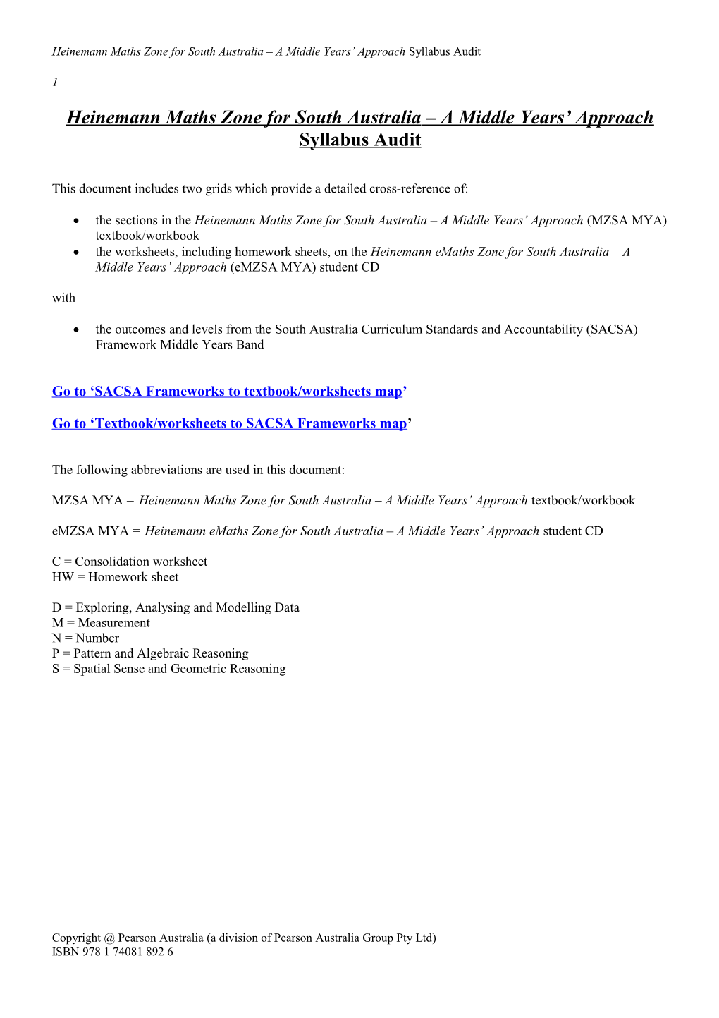 Heinemann Maths Zone for South Australia a Middle Years Approach Syllabus Audit