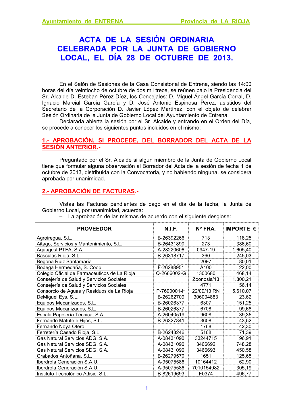 Acta De La Sesión Ordinaria Celebrada Por La Junta De Gobierno Local, El Día 28 De Octubre De 2013