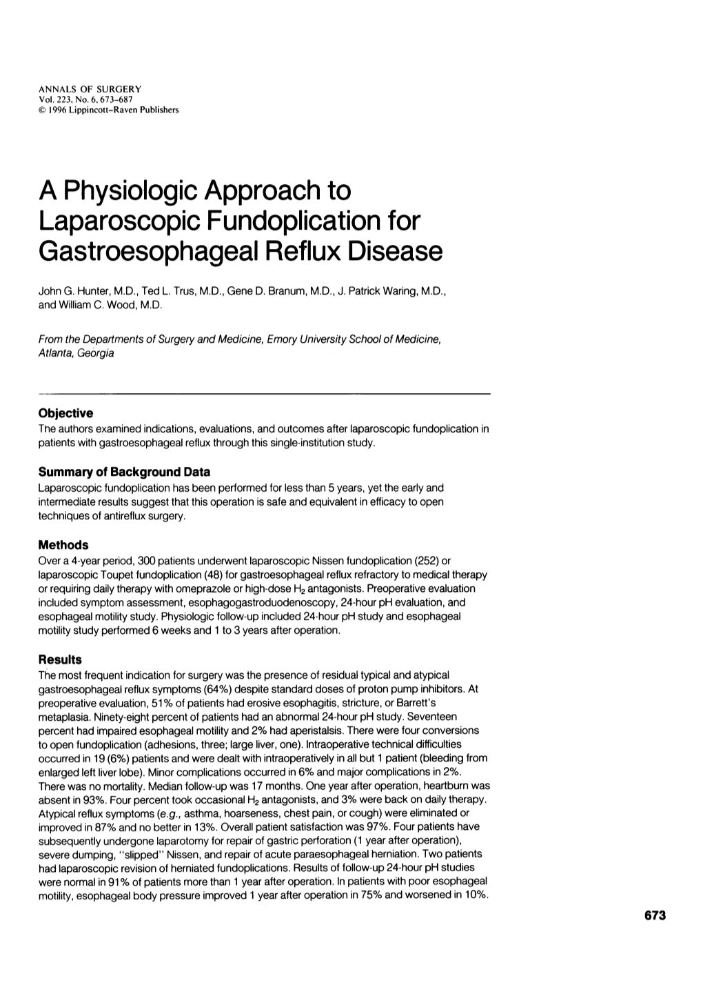 A Physiologic Approach to Laparoscopic Fundoplication for Gastroesophageal Reflux Disease