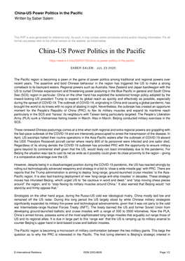 China-US Power Politics in the Pacific Written by Saber Salem