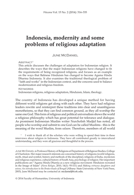 Indonesia, Modernity and Some Problems of Religious Adaptation 315