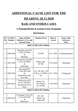 Additional Cause List for the Hearing 20.11.2020 Bail and Other Cases