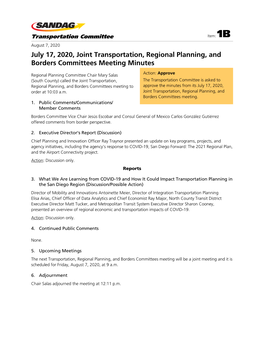 July 17, 2020, Joint Transportation, Regional Planning, and Borders Committees Meeting Minutes