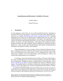 Quantificational and Illocutionary Variability in Cheyenne Sarah E. Murray Cornell University 1. Introduction in Many Languag