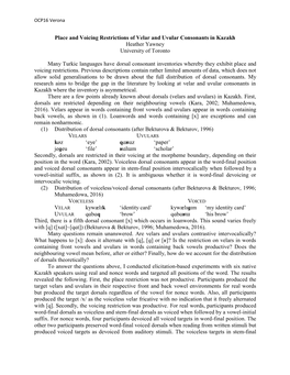 Place and Voicing Restrictions of Velar and Uvular Consonants in Kazakh Heather Yawney University of Toronto