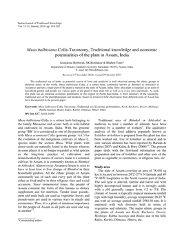 Musa Balbisiana Colla-Taxonomy, Traditional Knowledge and Economic Potentialities of the Plant in Assam, India