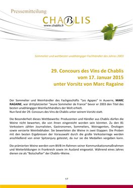 Pressemitteilung 29. Concours Des Vins De Chablis Vom 17. Januar