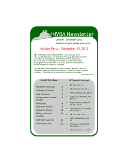 NVBA Newsletter Octobernovember - December—December 2012 2003 Northern Virginia Bridge Association Holiday Party - December 13, 2012
