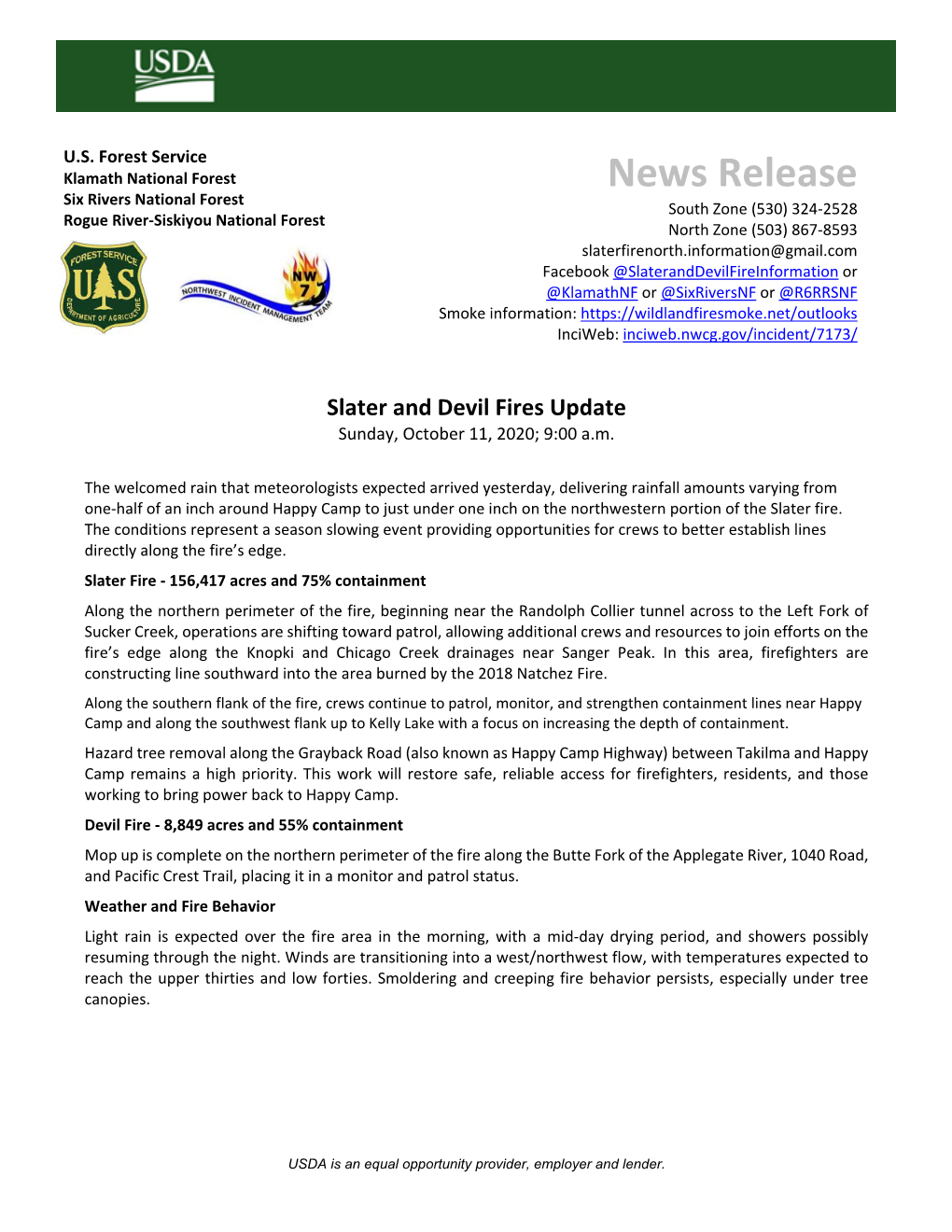 Slater and Devil Fires Update Sunday, October 11, 2020; 9:00 A.M