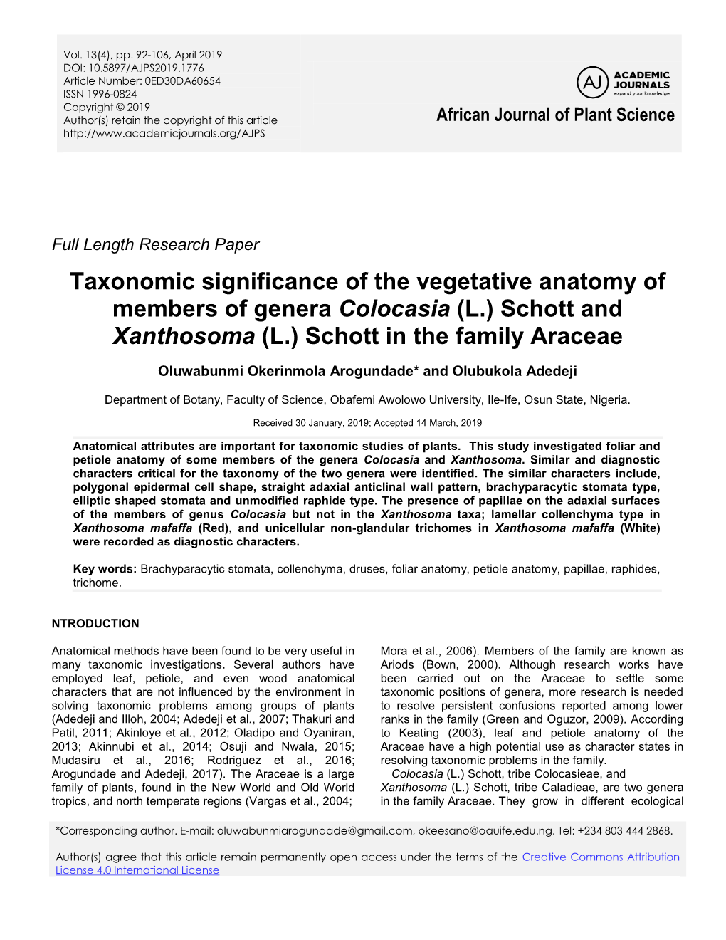 Taxonomic Significance of the Vegetative Anatomy of Members of Genera Colocasia (L.) Schott and Xanthosoma (L.) Schott in the Family Araceae