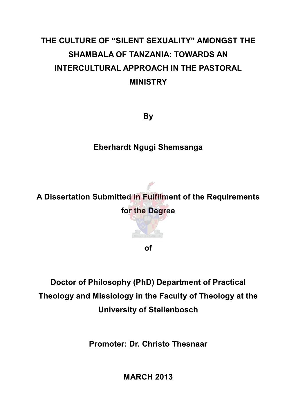 The Culture of “Silent Sexuality” Amongst the Shambala of Tanzania: Towards an Intercultural Approach in the Pastoral Ministry