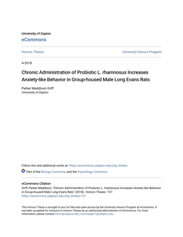 Chronic Administration of Probiotic L. Rhamnosus Increases Anxiety-Like Behavior in Group-Housed Male Long Evans Rats