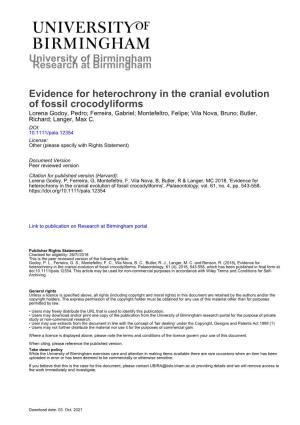 University of Birmingham Evidence for Heterochrony in the Cranial Evolution of Fossil Crocodyliforms