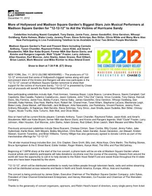 Of Hollywood and Madison Square Garden's Biggest Stars Join Musical Performers at Madison Square Garden for "12-12-12" to Aid the Victims of Hurricane Sandy