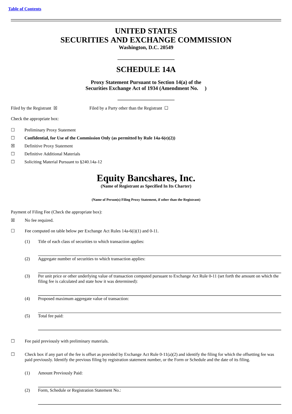 Equity Bancshares, Inc. (Name of Registrant As Specified in Its Charter)