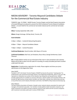 MEDIA ADVISORY - Toronto Mayoral Candidates Debate for the Commercial Real Estate Industry