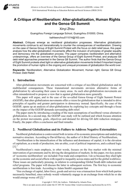 A Critique of Neoliberalism: Alter-Globalization, Human Rights and the Genoa G8 Summit Xinyi Zhou Guangzhou Foreign Language School, Guangzhou 510000, China