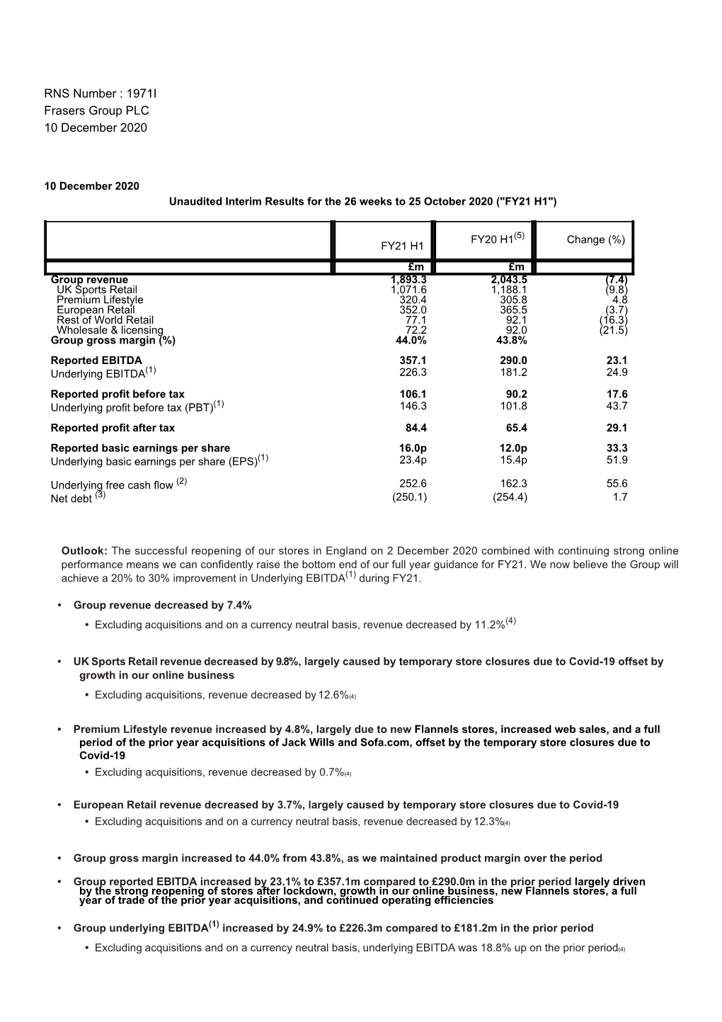 RNS Number : 1971I Frasers Group PLC 10 December 2020