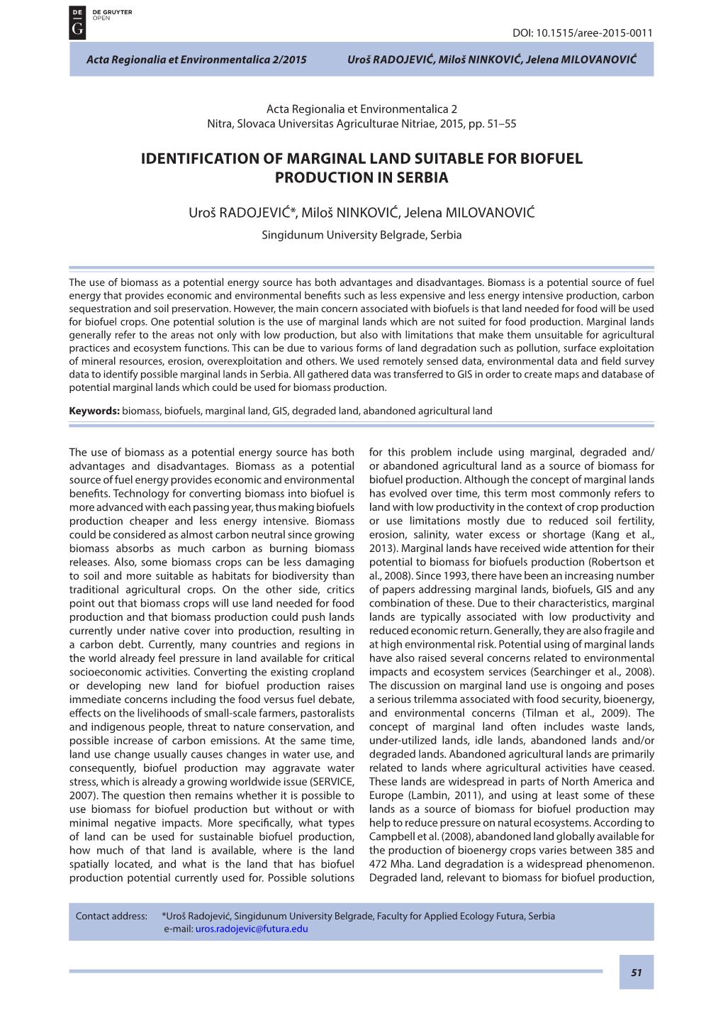 Identification of Marginal Land Suitable for Biofuel Production in Serbia