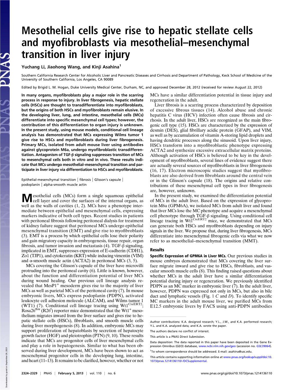 Mesothelial Cells Give Rise to Hepatic Stellate Cells and Myoﬁbroblasts Via Mesothelial–Mesenchymal Transition in Liver Injury