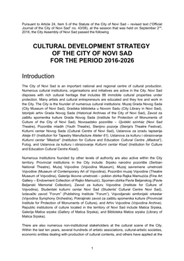 Cultural Development Strategy of the City of Novi Sad for the Period 2016-2026