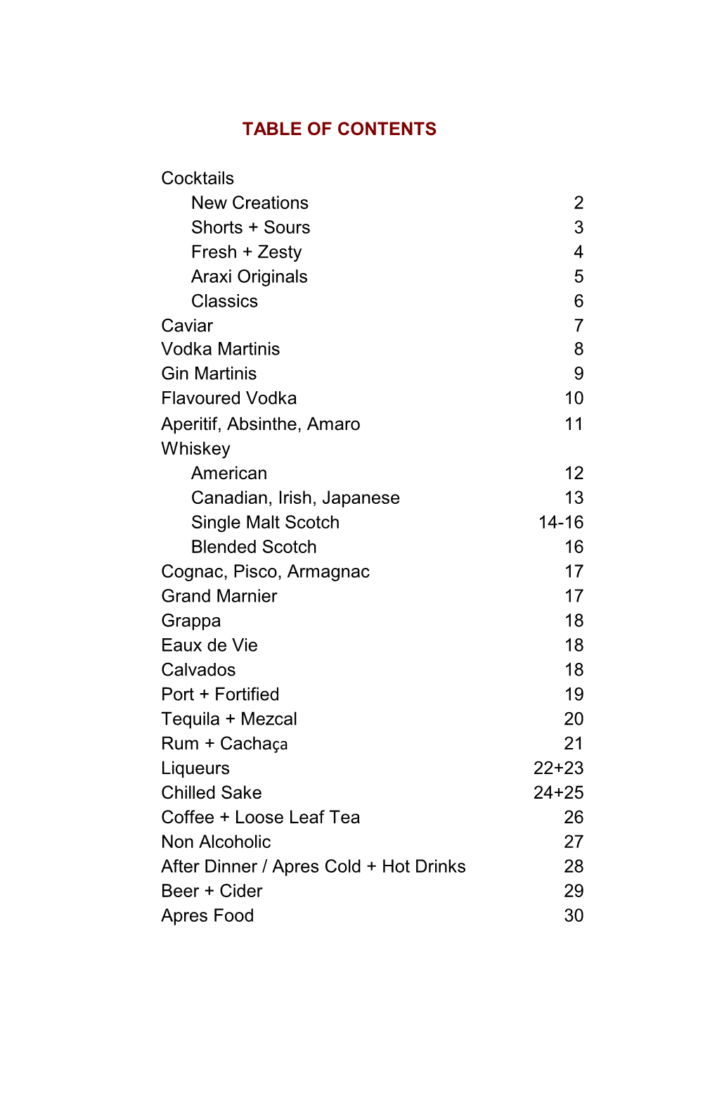 TABLE of CONTENTS Cocktails New Creations 2 Shorts + Sours 3 Fresh