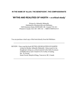 'MYTHS and REALITIES of HADITH -- a Critical Study'