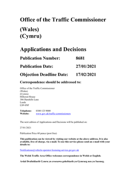 Office of the Traffic Commissioner (Wales) (Cymru) Applications and Decisions