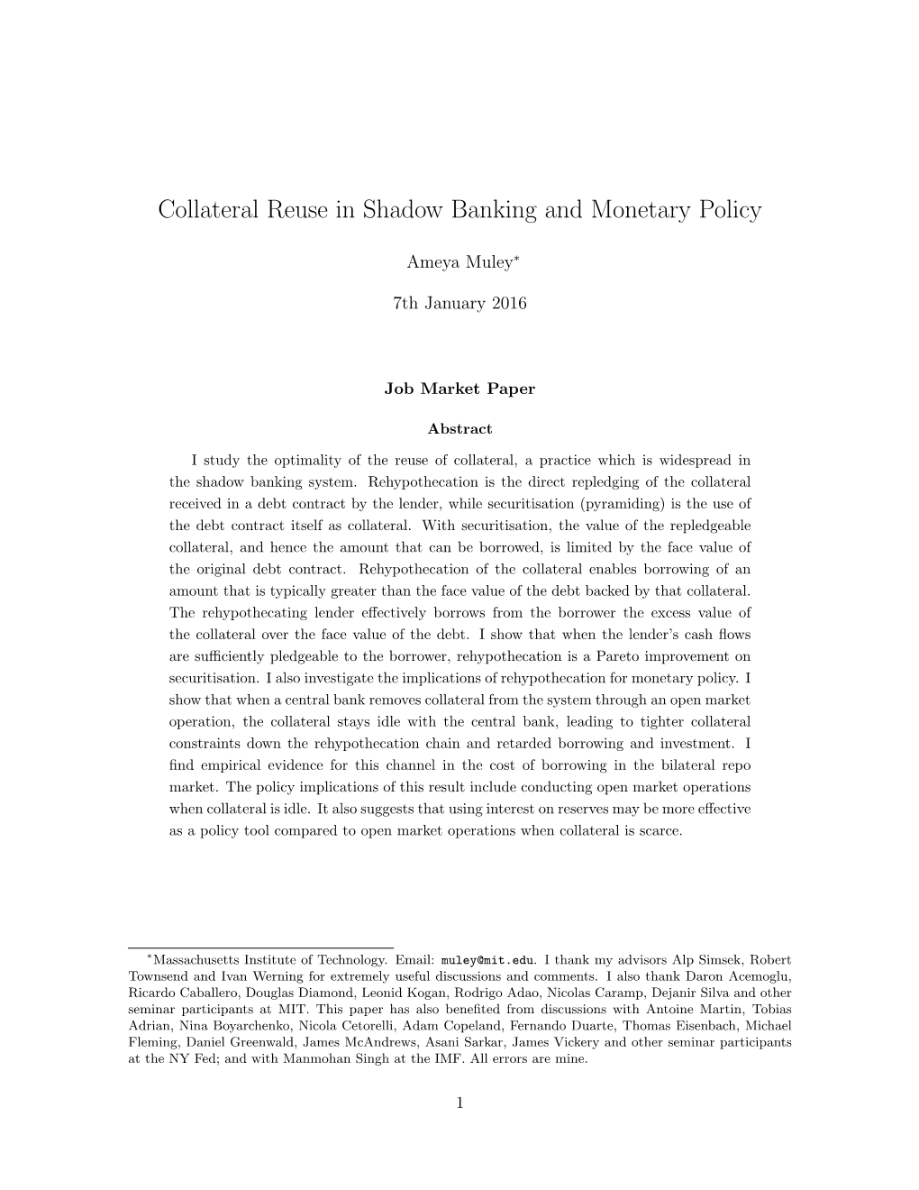 Collateral Reuse in Shadow Banking and Monetary Policy