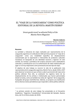 El “Viaje De La Vanguardia” Como Política Editorial De La Revista Martín Fierro1