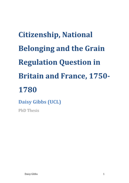 Citizenship, National Belonging and the Grain Regulation Question in Britain and France, 1750- 1780