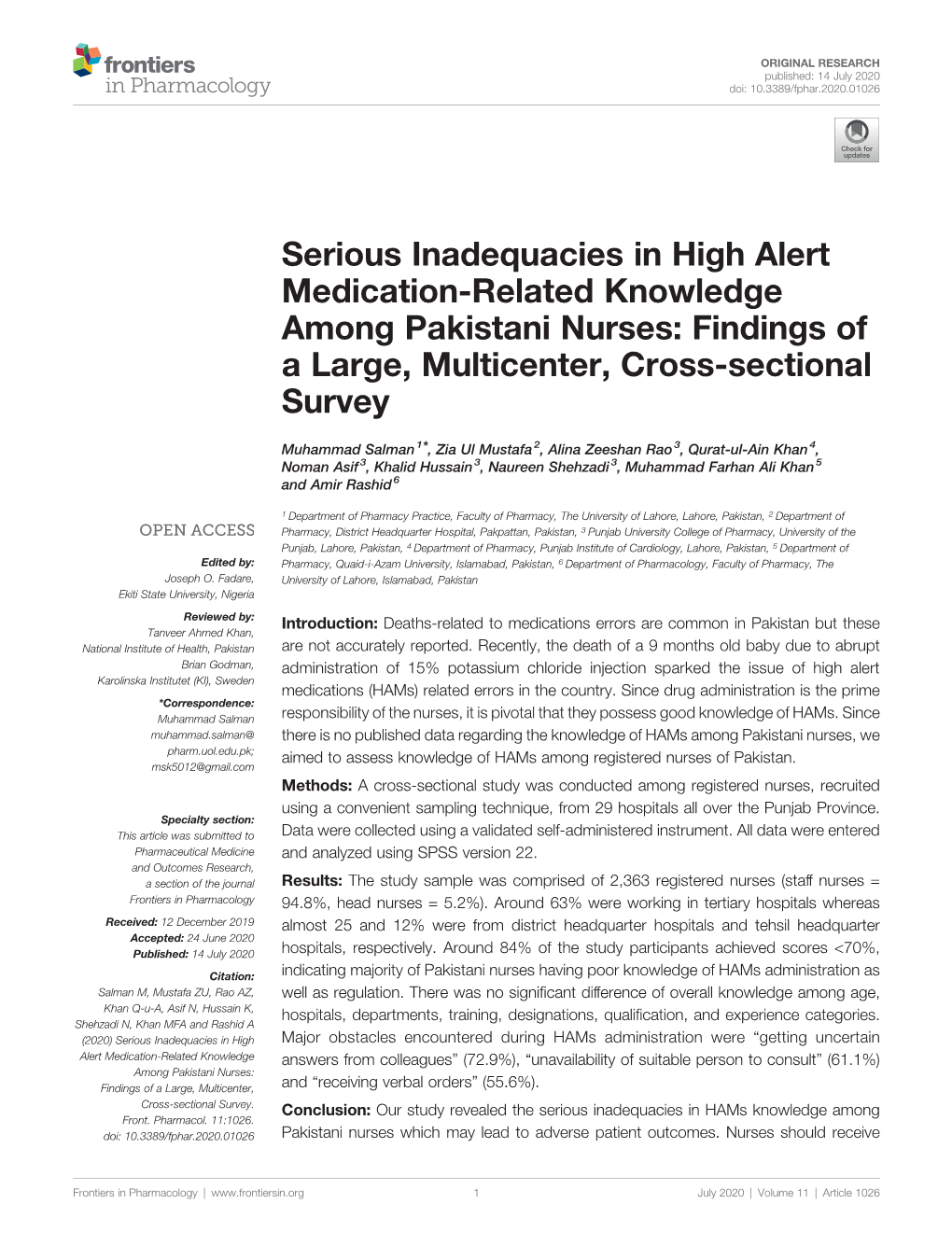 Serious Inadequacies in High Alert Medication-Related Knowledge Among Pakistani Nurses: Findings of a Large, Multicenter, Cross-Sectional Survey